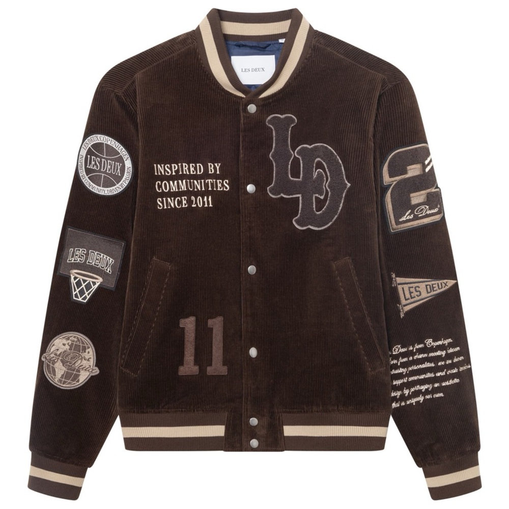 Les Deux LD Corduroy Varsity Jacket in Slate Brown Large NWT